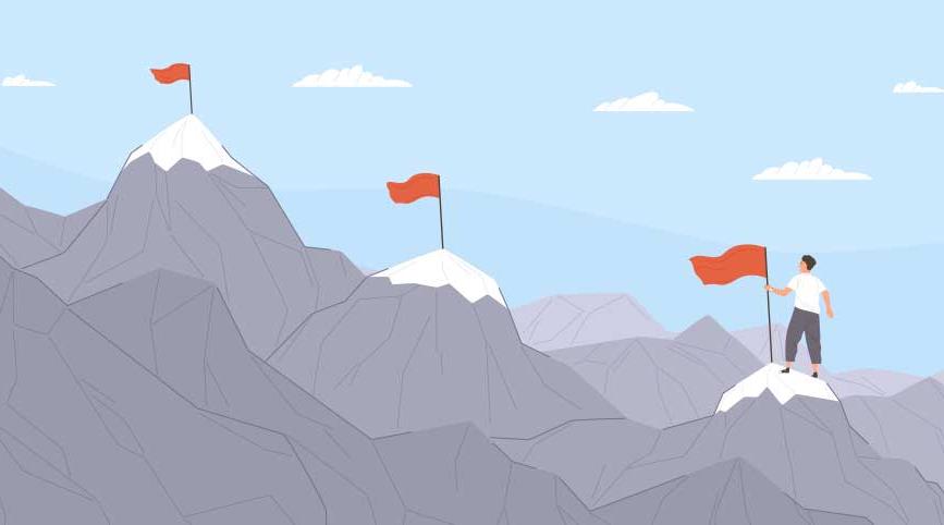 一个人攀登一座有三座山峰的山的插图，每座山峰上都有一面红色的目标旗.